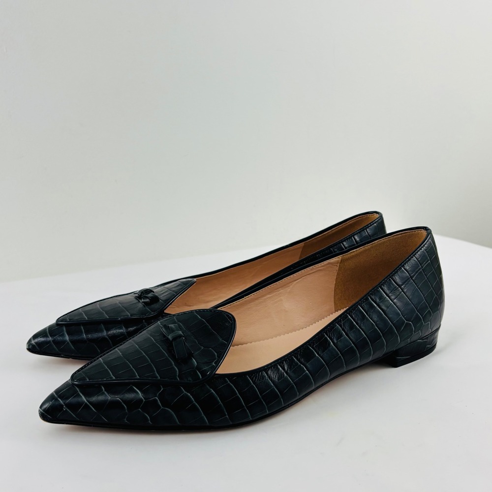J.Crew Womens Pointed Toe Croc Embossed Leather Bow Flats Black Size 10